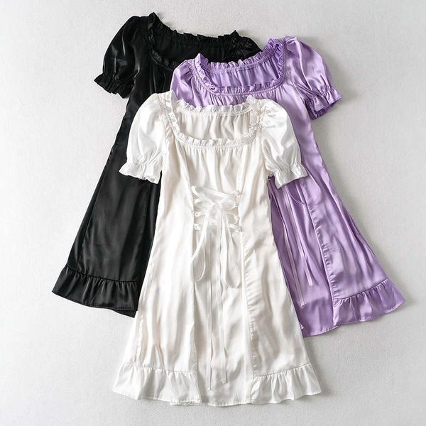 

summer 2020 stretch satin waist lace up solid dress, Black;gray