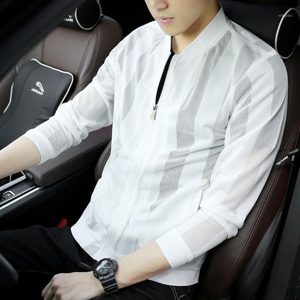 

2019 new men's jacket summer version hollow striped grid stitching thin jacket street fashion \j men's clothing m-5xl1, Black;brown