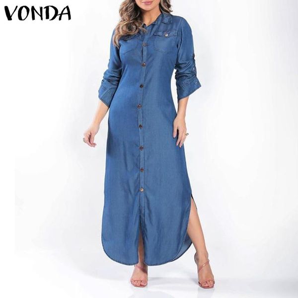 

fashion spring sundress buttons casual loose lapel neck long sleeve buttons vonda women long denim shirt dress vestidos s-5xl, Black;gray