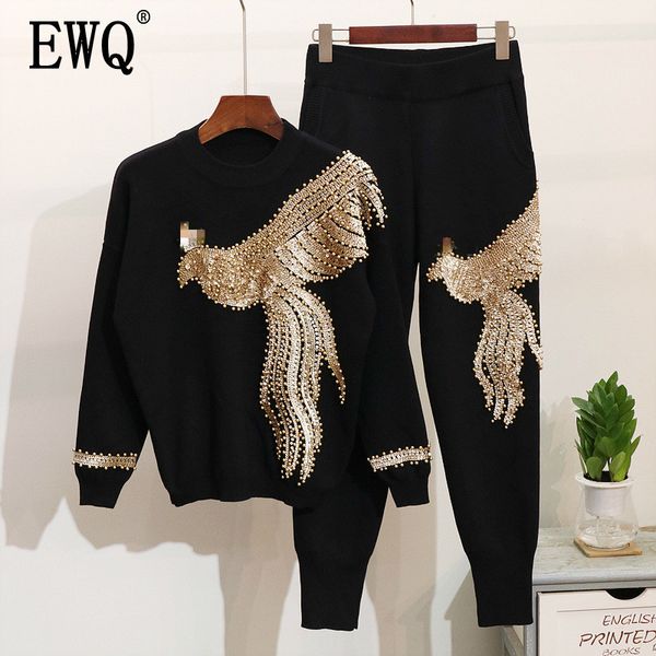 

[ewq] 2020 spring autumn long sleeve round collar sequined beaded phoenix t-shirt elastic waist pants two piece set women lj201120, White