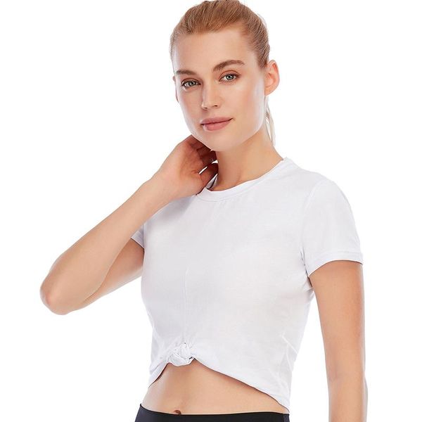 

yoga outfits sport women black short sleeve shirt solid cotton knotted fitness gym crop workout sportswear, White;red