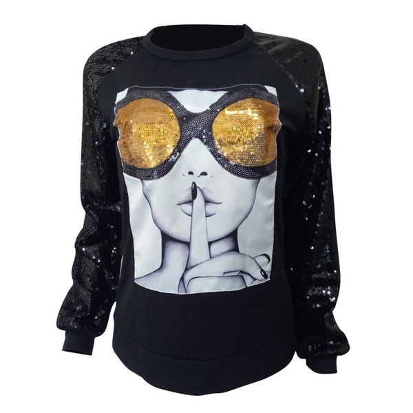 

women fashion casual sequin print stitching long-sleeved shirts hoodies, Black