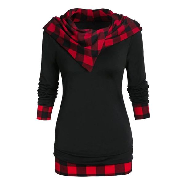 

popular european and american womens clothing plaid contrast color hooded lapel long sleeve double-layer lower leg plus size womens sweatshi, Black