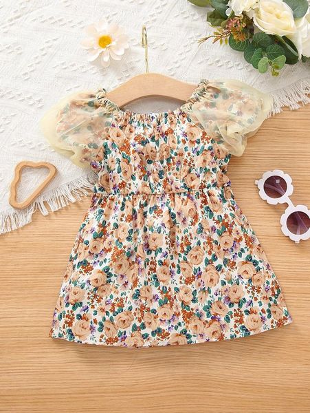 

baby allover floral print contrast mesh sleeve dress she, Red;yellow