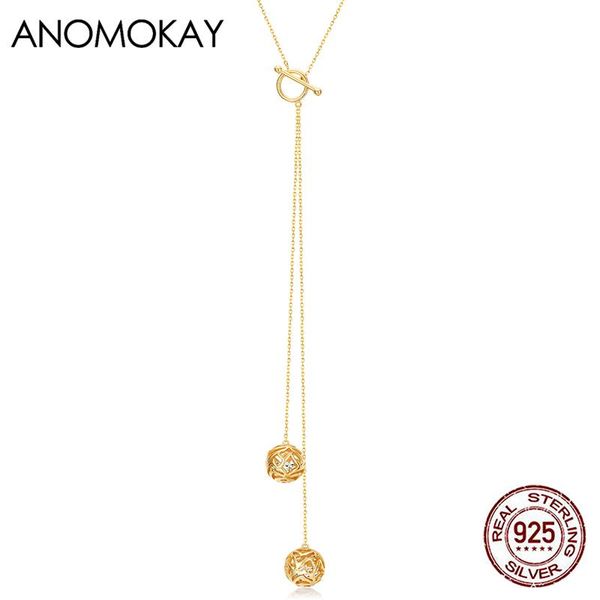 

chains anomokay korea trendy simple openwork flower round ball gold color long link sweater necklace real 925 sterling silver