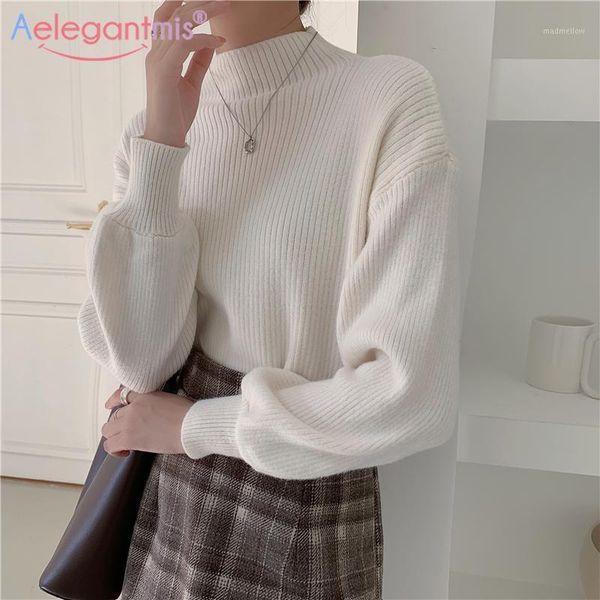 

women's sweaters aelegantmis knitted ribbed pullover sweater women vintage lantern sleeve korean pullovers thick warm casual soft loose, White;black