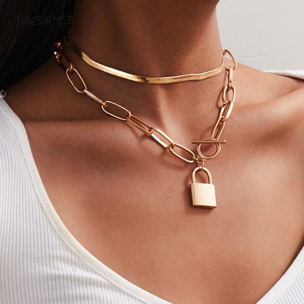 

ingesight.z 2pcs/set vintage lock padlock pendant necklace multi layered flat snake chain choker necklaces for women men jewelry, Silver