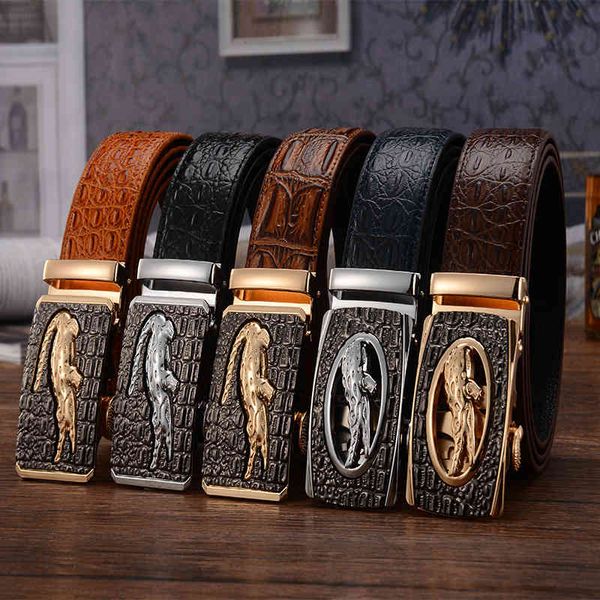 

belts men's leather automatic head layer cowhide crocodile korean fashion boutique, Black;brown