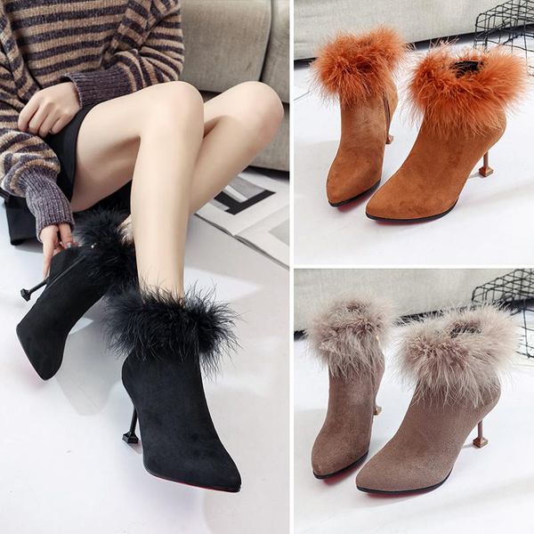 

boots 2021 winter women crystal high heels suede pointed hair fashion ankle thin shoes woman sapatos, Black