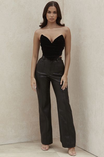 

New Women Pants Fashion Pure Color Pockets Girl PU Bag Buttock Trousers Leather Trousers Wide-leg Trousers for Women Autumn Winter2021, Black;white