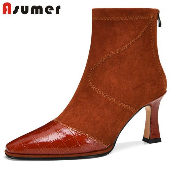

boots asumer 2021 arrive ankle women genuine leather +flock high heel party wedding shoes classic autumn winter woman1, Black