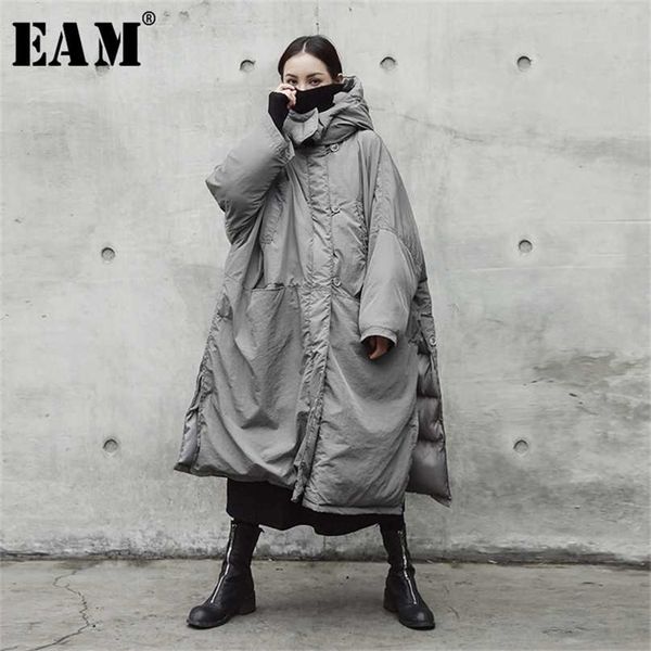 

[eam] hooded cotton-padded gray oversize long warm coat sleeve loose fit women parkas fashion spring autumn je02002 211216, Black
