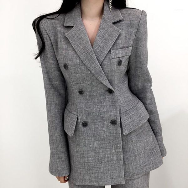

ewq] autumn winter female turn-down collar long-sleeved blazer coat double breasted loose solid color minimalist suit 6q9801, White;black
