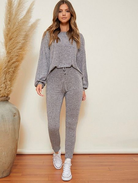 

drop shoulder marled & knot waist leggings set m9nq#, White