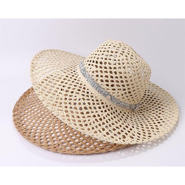 

wide brim hats women summer hollow mesh net sun hat woven straw rhinestone beach cap 28gd, Blue;gray