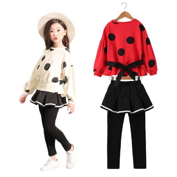 

clothing sets girls spring dot pattern cotton long sleeve shirt+skinny skirt design pants kids suit high-quality set1, White