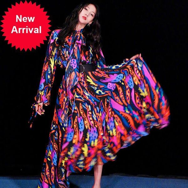 

runway 2021 new female autumn new party clothes fashion footwear rainbow bowknot print thin waist high dress long 6ldy, Black;gray