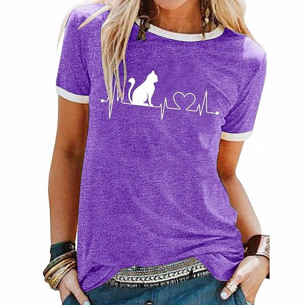 

women's cat t shirt cat heart letter patchwork print round neck basic green blue black 37yr#, White
