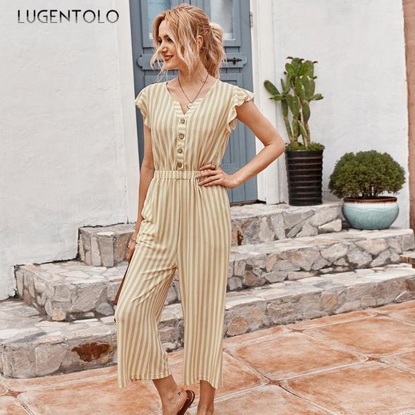 

lugentolo summer women's jumpsuit fashion elegant straight striped sleeveless casual loose ankle-length pants lady jumpsuits1, Black;white
