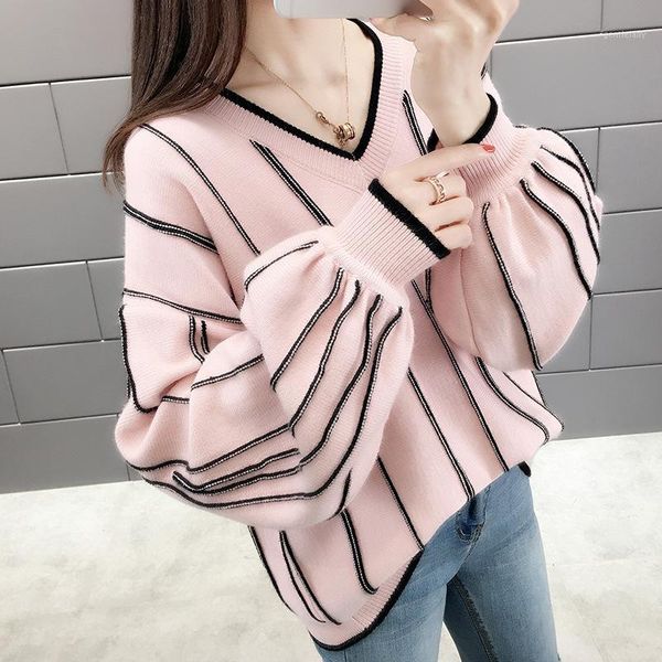 

women's sweaters autumn winter knitted sweater women loose wild fashion v neck striped pullover jumper patch pull female lady outware1, White;black