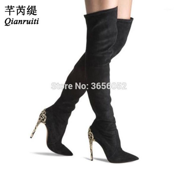 

qianruiti botines mujer 2020 fall winter shoes pointed toe hollowed metal heel bota over the knee faux suede boots women1, Black