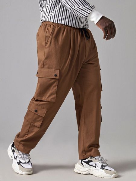 

extended sizes men drawstring waist flap pocket cargo pants f94f#, Black