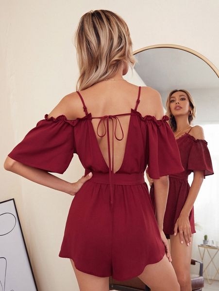 

cold shoulder tie back romper a4qj#, White