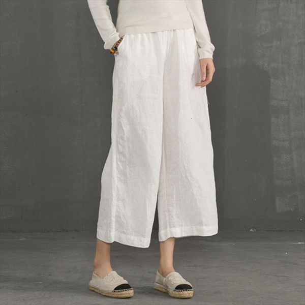 

new 2021 cotton linen soft wide leg women pants elastic waist ankle length solid color summer loose trouser, Black;white