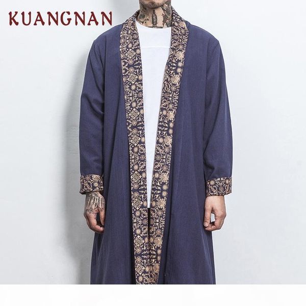 

kuangnan chinese style men jacket long coat wind breaker black men jacket 5xl japanese streetwear kimono jackets 2018 autumn, Black;brown