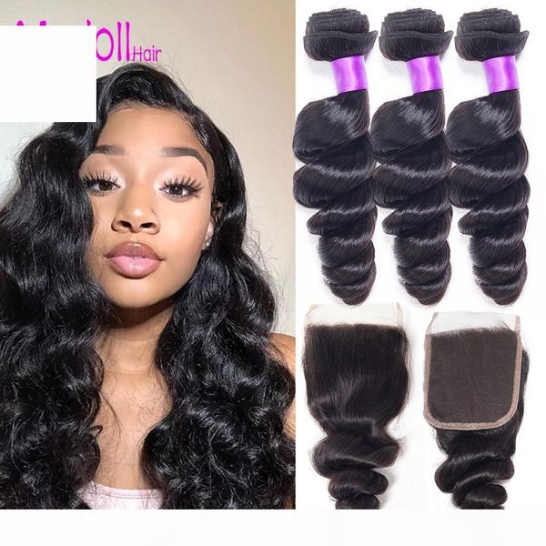 

loose wave human hair bundles with closure brazilian virgin hair weave bundles with closure remy human hair 3 4 bundles with closure, Black;brown