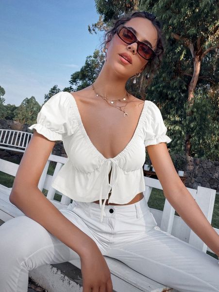 

solid puff sleeve ruffle hem d2wi#, White