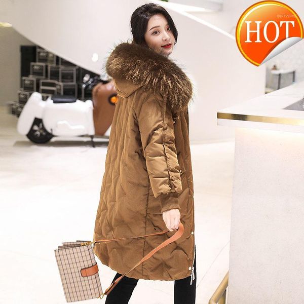 

women's down & parkas white duck 90% jacket women winter thick warm coat female real raccoon fur collar hooded loose long my6041, Black