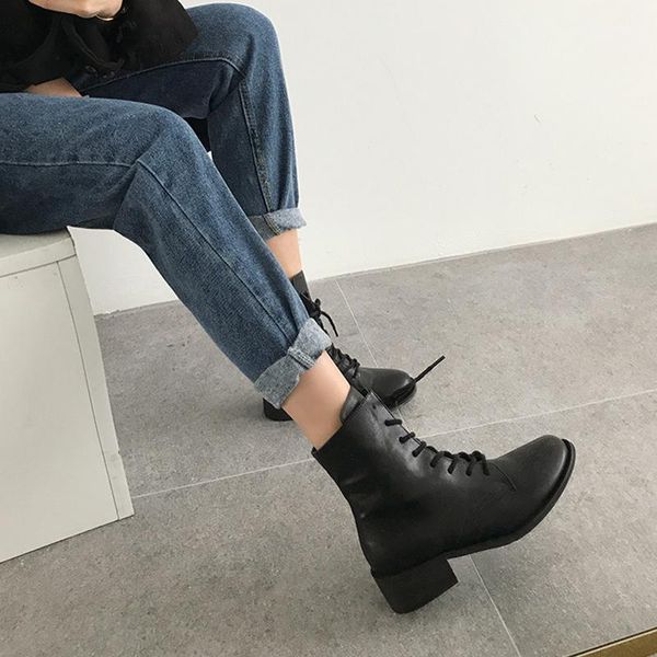 

women's boots women's shoes leather round head thick heel ankle boots high heel rubber size 33-421, Black