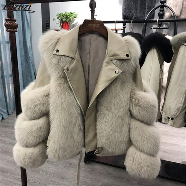 

fox female faux fur motorcycle coats women winter outwear pu leather warm down fashion turn jacket luzuzi 2020 collar luxury riehn, Black
