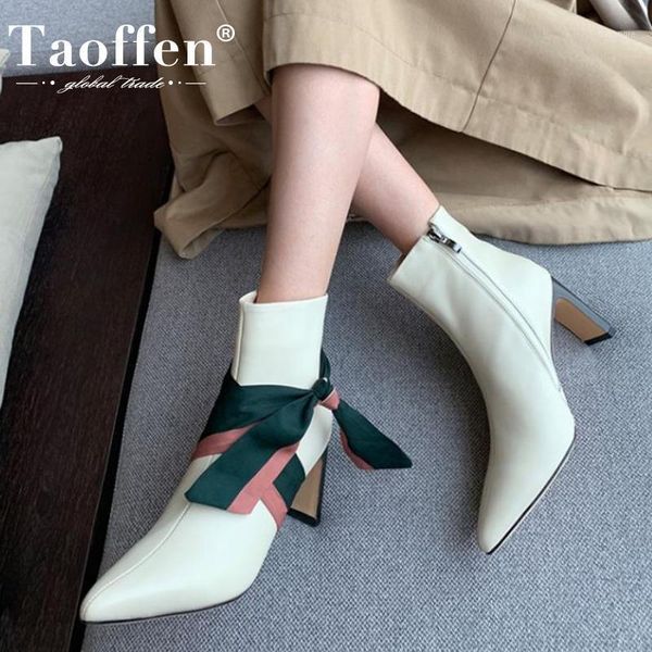 

boots taoffen women ankle fashion zipper real leather high heel shoes warm winter office lady footwear size 30-461, Black