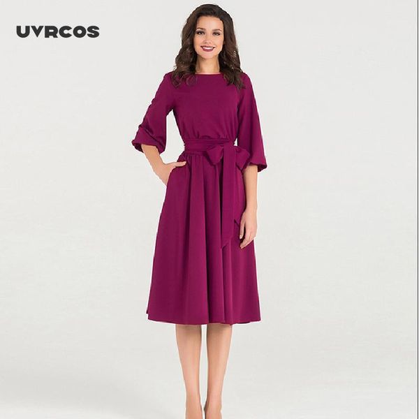 

uvrcos summer autumn women dress 2020 solid color high waist a line ladies midi dresses casual puff sleeve vintage dress women1, Black;gray