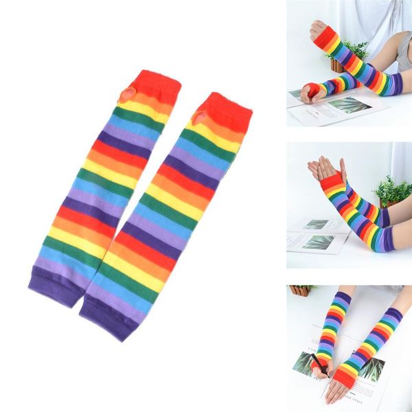 

five fingers gloves womens rainbow arm sleeves striped warmer fingerless gloves, uv sun protective long thumbhole, Blue;gray