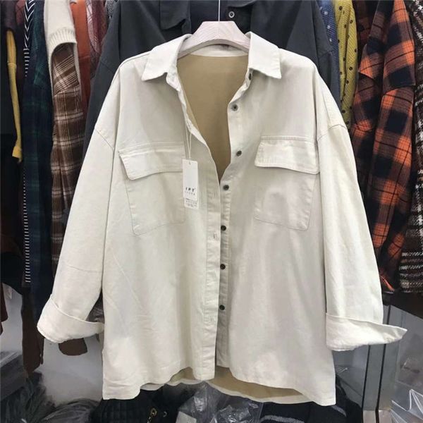 

ipt shirt women's plush thick lapel long sleeve personalized han style simple pocket versatile loose warm new, White