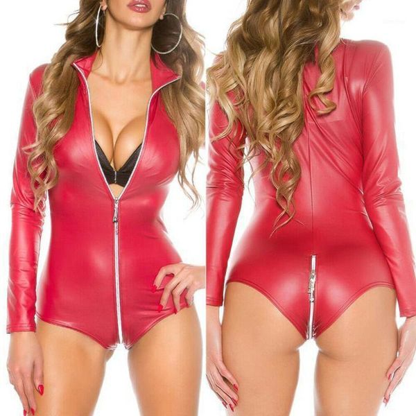 

women wetlook pu leather bodysuit cut out leotard thong female zipper jumpsuit clubwear romper long sleeve femme 20211, Black;white