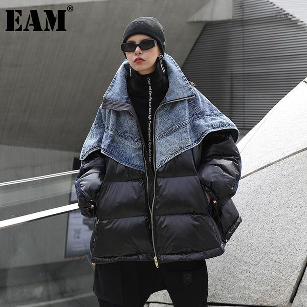 

eam] big size denim drawstring cuff hooded cotton-padded coat long sleeve loose women parkas new autumn winter 2021 1dd19301, Black