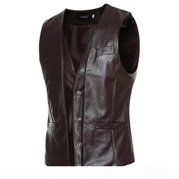 

fashion pu leather jacket men punk v neck mens faux leather sleeveless waistcoat trend slim fit motorcycle vest jacket male, Black