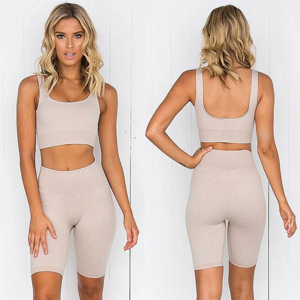 

summer seamless sport set women beige two 2 piece crop pirate shorts yoga sportsuit workout active outfit fitness gym sets y1225, Gray