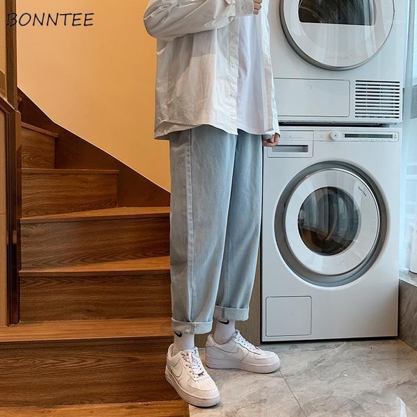 

men wide leg jeans baggy elastic waist solid denim loose simple vintage washed all-match trendy korean style streetwear male1, Blue
