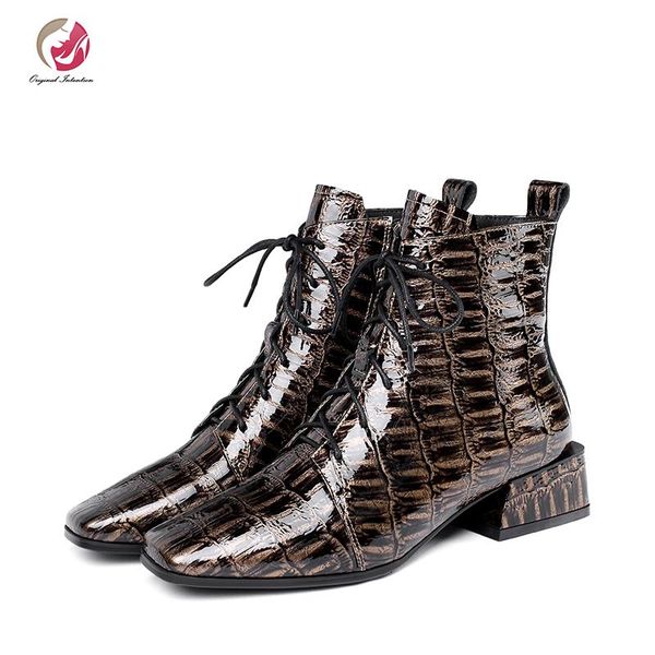 

original intention stone style genuine leather ankle boots woman black brown shoes woman square heels plus size