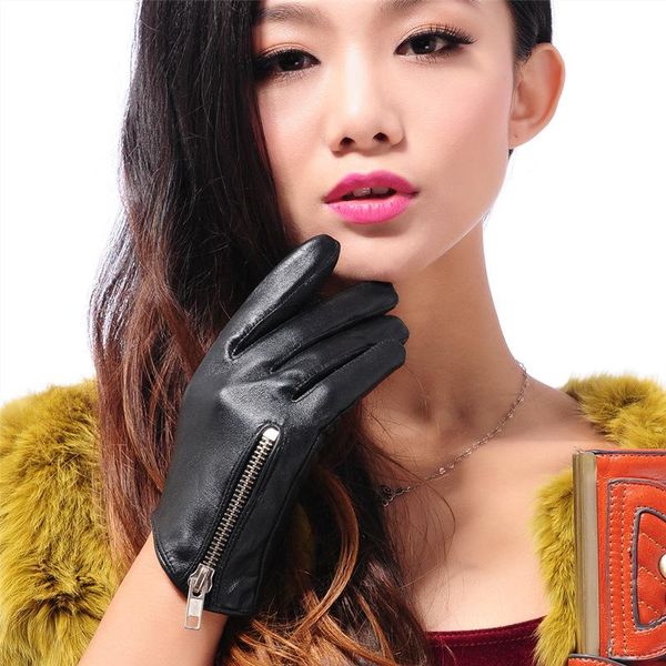 

wholesale-sheepskin gloves women' fashion thin short sheepskin gloves simple and generous winter warm zipper leather, Blue;gray