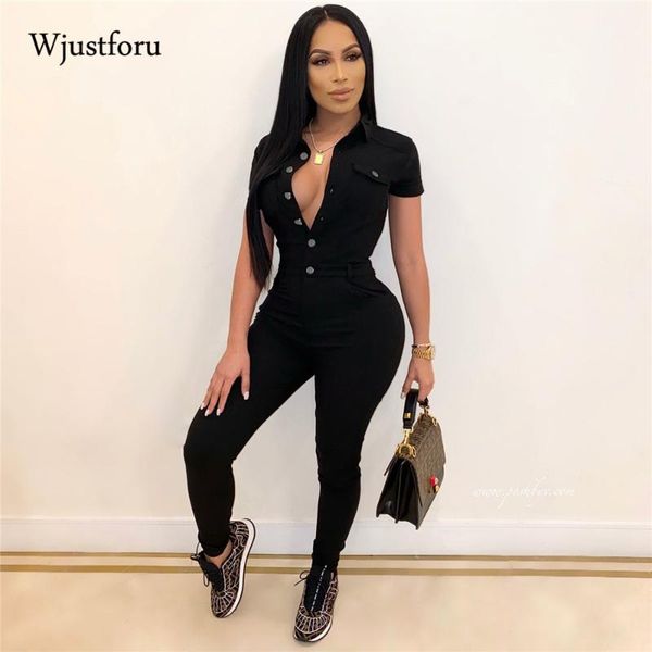

women's jumpsuits & rompers wjustforu v-neck buttons denim jumpsuit casual elasticity fashion skinny bodysuit high waist one piece, Black;white