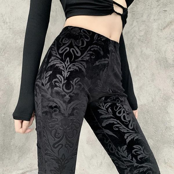 

women floral print flare pants wide leg elegant velvet stretch bell bottom trousers female stylish gothic punk club street wear1, Black;white