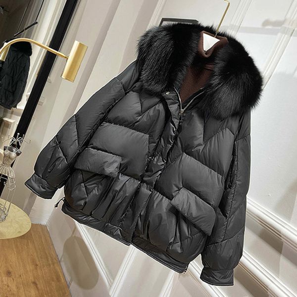 

2020 real fox fur women white duck down jacket female thick warm down coat good quality winter coat women loose down parka c1204, Black