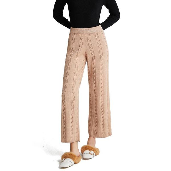 

quality winter thicken women wide leg pants casual elastic waist twisted knitted pants femme chic warm female sweater trousers, Black;white