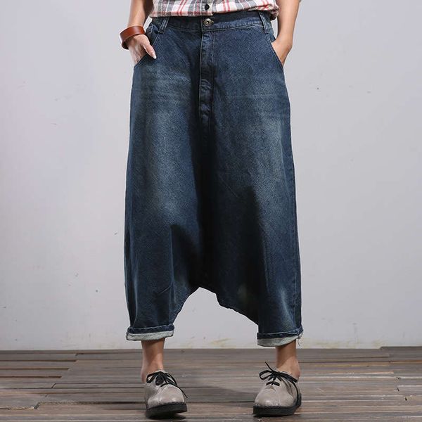 

new style literary blue twill cotton jeans big crotch harlem pants